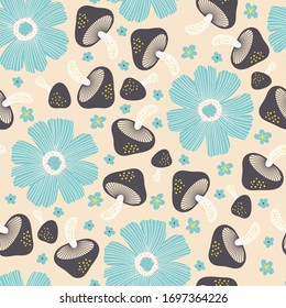 Mushrooms and Flowers Vector Seamless Pattern
