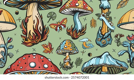 Mushrooms. Fly agaric. Autumn forest. Fall background. Old school tattoo vector seamless pattern