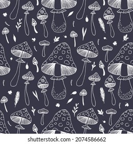 Mushrooms fly agaric and forest leaves  hand drawn seamless vector pattern. Toadstool caps, berries, fir branches, fir needles leaves for printing, fabric, textile, manufacturing, wallpapers.