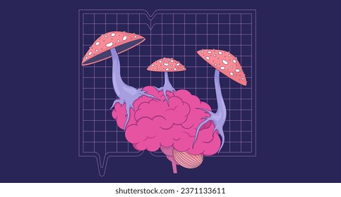 Mushrooms fly agaric growing on brain 2D cartoon background. Psychedelic nature colorful aesthetic vector illustration, nobody. Toxic toadstool brain control flat line wallpaper art, lofi image