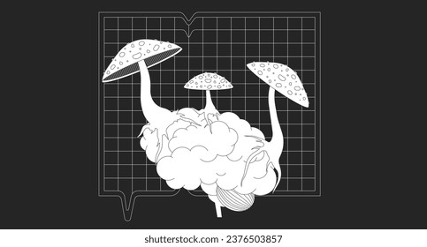 Mushrooms fly agaric growing on brain outline 2D cartoon background. Psychedelic nature linear aesthetic vector illustration. Toxic toadstool brain control flat wallpaper art, monochromatic lofi image