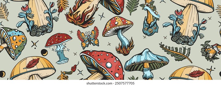 Mushrooms. Fly agaric, mushroom grebes, boletus. Old school tattoo vector seamless pattern. Autumn forest. Fall background