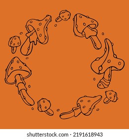 Mushrooms fly agaric outline doodle circle Vector set on orange backdrop. Autumn background round template with space for text