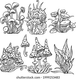 Mushrooms fly agaric vector drawing clipart, a lot of mushrooms for creativity drawing for printing, coloring mushrooms, drawing mushrooms for creativity