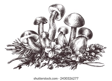 Mushrooms forest boletus with grass, blueberries, moss and cone. Graphic botanical illustration hand drawn in brown ink. For recipes, packaging, autumn festival, harvest. Isolated composition
