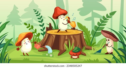 mushrooms in forest. cartoon fantasy forest cute funny baby mushrooms childish characters in mystic forest meadow. vector cartoon characters background.