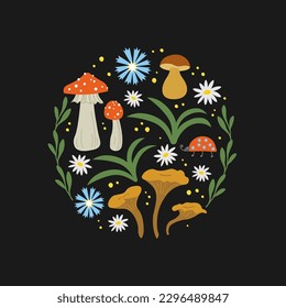 Mushrooms and forest flowers. Set with ladybug, agaric, chanterelles, porcini mushroom, chamomile and cornflower, forest motif. Ornamental plant composition is drawn by hand. Vector flat illustration