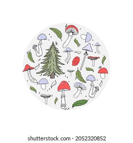 Mushrooms, forest, leaves, nature relaxation concept. Set of doodle mushrooms, leisure hobbies in forest. Vector illustration in round background.