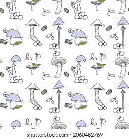 Mushrooms, forest, leaves, nature relaxation concept. Seamless pattern of doodle mushrooms, decor leaves, acorns, dots. Vector illustration for design.