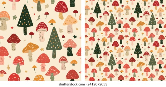 Mushrooms Forest Nursery Seamless Pattern Vector Illustration Cottagecore Nature 