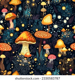 Mushrooms forest seamless pattern