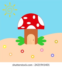 Mushrooms in the forest. A vector of fantasy mushroom house. Mushroom house on colourfull background