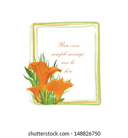 Mushrooms frame isolated over white background. Chanterelle mushroom, floral summer border. Forest background with copy space.