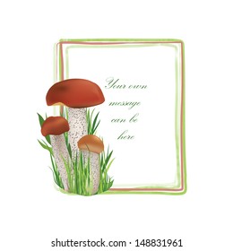 Mushrooms frame isolated over white background. Boletus floral summer border set. Forest background with copy space.