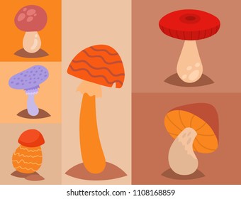 Mushrooms fungus agaric toadstool different art style design fungi vector illustration red hat