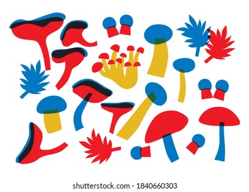 Mushrooms funny abstract cartoon vector banner. Autumn harves vegetables. Diverse bright forest mushrooms in simple flat style. Clip art nature poster. Kitchen decor illustration. 