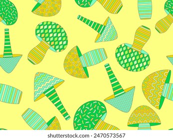 Mushrooms with geometric pattern and black outline. Mushrooms seamless pattern. Geometric figures of different shapes. Design for wallpapers, banners, wrappers and covers. Vector illustration