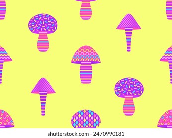 Mushrooms with geometric pattern and black outline. Mushrooms seamless pattern. Geometric figures of different shapes. Design for wallpapers, banners, wrappers and covers. Vector illustration