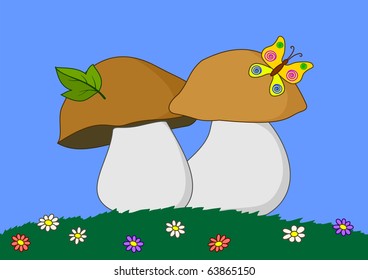 Mushrooms in grass with butterfly and leaf