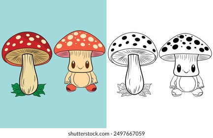 Mushrooms in grass funny and mushroom illustration vector, mushroom clipart Perfect for tee posters stickers Hand drawn vector illustration for decor and design.