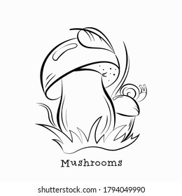 Mushrooms in the grass with a leaf and a snail on the cap. Contour image for coloring. Vector illustration isolated on a white background.