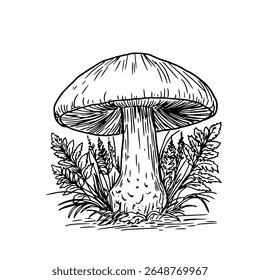 Mushrooms in grass in middle of forest. Thickets, a sketch in black and white ink. Vector illustration. Autumn decor, isolated on a white background. For postcards, invitations, books and textiles