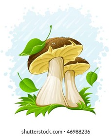 mushrooms with green leaves in grass under the rain - vector illustration