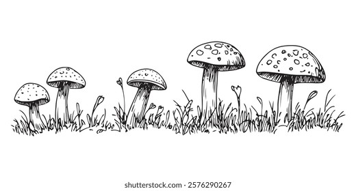 mushrooms growing in grass hand-drawn black and white illustration