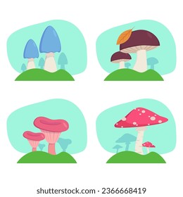 Mushrooms growing on grass vector illustrations set. Fresh poisonous and edible plants, chanterelle or fungus in wild forest on blue background. Autumn nature, food, wildlife concept