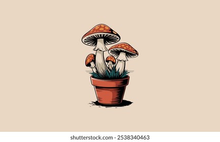 Mushrooms growing in a terracotta pot with grass.