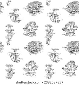Mushrooms hand drawn by vector illustration seamless pattern. Drawing grey line on a White background. For fabric, sketchbook, wallpaper, wrapping paper.