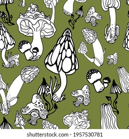 Mushrooms with hand drawn different shape. Stylized magic psychedelic mushrooms seamless pattern. Black, white, green colors background. Vector abstract texture