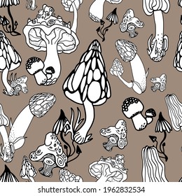 Mushrooms with hand drawn different shape. Stylized magic psychedelic mushrooms seamless pattern. Black, white, beige colors background. Vector abstract texture