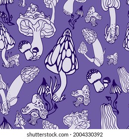 Mushrooms with hand drawn different shape. Stylized magic psychedelic mushrooms seamless pattern. Dark purple colors background. Vector abstract texture