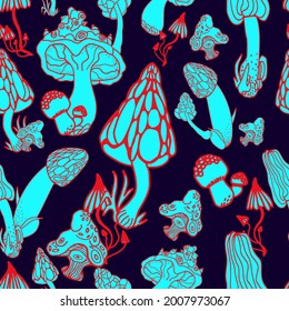 Mushrooms with hand drawn different shape. Stylized magic psychedelic mushrooms seamless pattern. Red blue colors background. Vector abstract texture, print