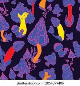 Mushrooms with hand drawn different shape. Stylized magic psychedelic mushrooms seamless pattern. Pink, burgundy, purple colors background. Bright vector abstract texture, print