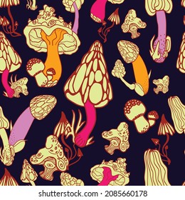 Mushrooms with hand drawn different shape. Stylized magic psychedelic mushrooms seamless pattern. Pink, blue, yellow colors background. Bright vector abstract texture, print