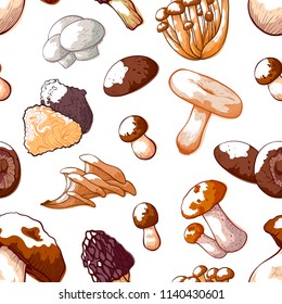 Mushrooms hand drawn pattern. Fleshy fruiting body of an edible fungus in pale pinkish-brown colour, autumn decoration for fabrics and textiles. Vector sketch of forest mushrooms.