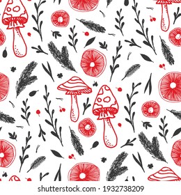 Mushrooms hand drawn red and black seamless vector pattern. Mushroom caps, berries, fir branches, fir needles leaves, a grey background for printing, fabric, textile, manufacturing, wallpapers.