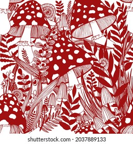 Mushrooms hand drawn red seamless vector pattern. Fly agaric hand drawn line art seamless vector pattern. Hippy pattern. Amanita muscaria seamless background for printing, fabric, textile