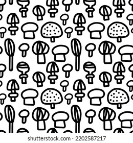 Mushrooms hand drawn seamless pattern black white plants wild food