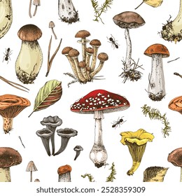 Mushrooms hand drawn seamless pattern