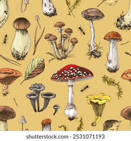 Mushrooms hand drawn seamless pattern