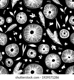 Mushrooms hand drawn seamless vector pattern. Mushroom caps, berries, fir branches, fir needles leaves, a grey background for printing, fabric, textile, manufacturing, wallpapers.