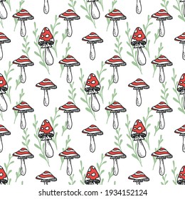 Mushrooms hand drawn seamless vector pattern. Mushroom seamless background for printing, fabric, textile, manufacturing, wallpapers.