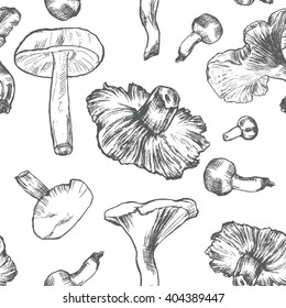 Mushrooms hand drawn sketch illustration, Vector seamless pattern, Natural ingredients, Perfect for farm market advertising, bio product business and agricultural industry, web sites, restaurant menu