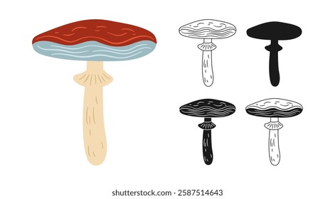 Mushrooms hand drawn symbol set. Poisonous or edible fantasy textured mushroom vector isolated Illustration. Vintage cartoon or silhouette, simple linear, doodle sign illustration art