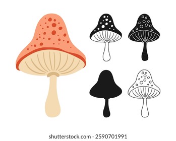 Mushrooms hand drawn symbol set. Wild poisonous or edible fantasy textured mushroom vector isolated Illustration. Stylized cartoon or silhouette, simple linear, doodle sign illustration art