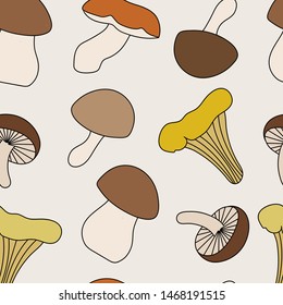 Mushrooms hand drawn  vector seamless.  Fresh organic food pattern. Autumn background.