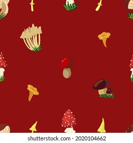 Los hongos dibujaron a mano un patrón sin fisuras vectorial. Ornamento de cosecha de la temporada de otoño al estilo escandinavo. Resumen с diseño de dibujos animados de color para impresión, envoltura, fondo, papel pintado, textil, tela, decoración, tarjeta
